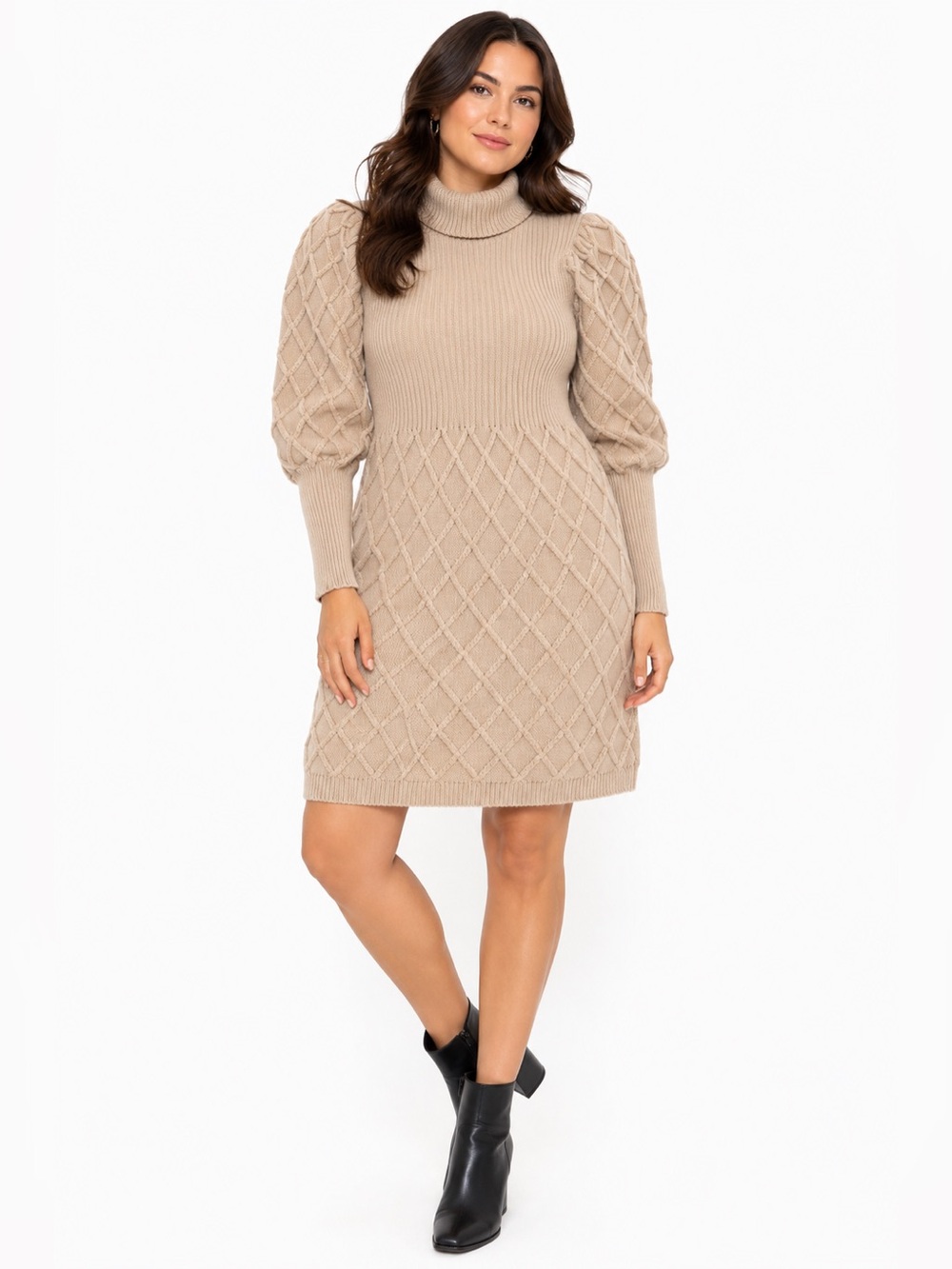 Simplee Chunky Argyle Knit Sweater Dress (Tan) Size Small